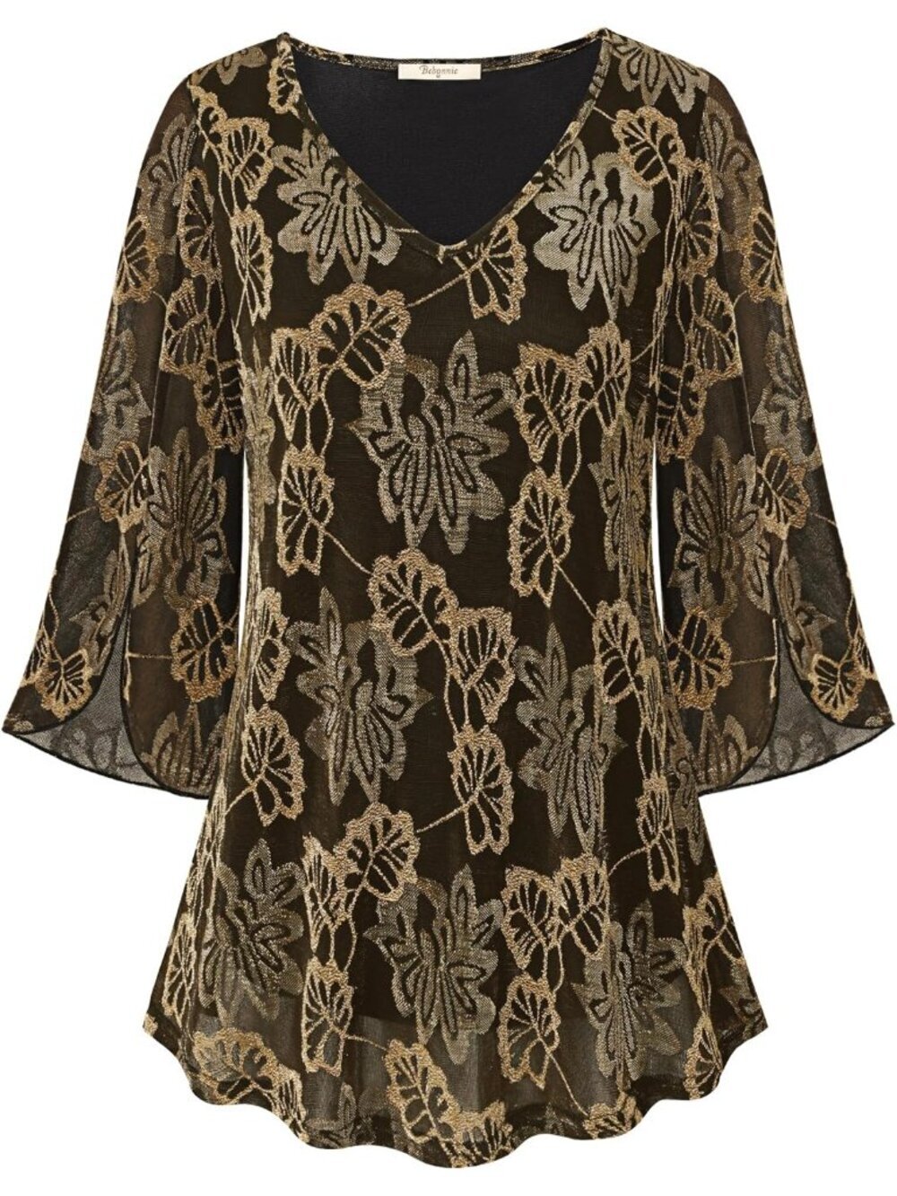 Bebonnie Women's Top Gold Ruffle 3/4 Sleeves V Neck Double Layers Mesh Blouses